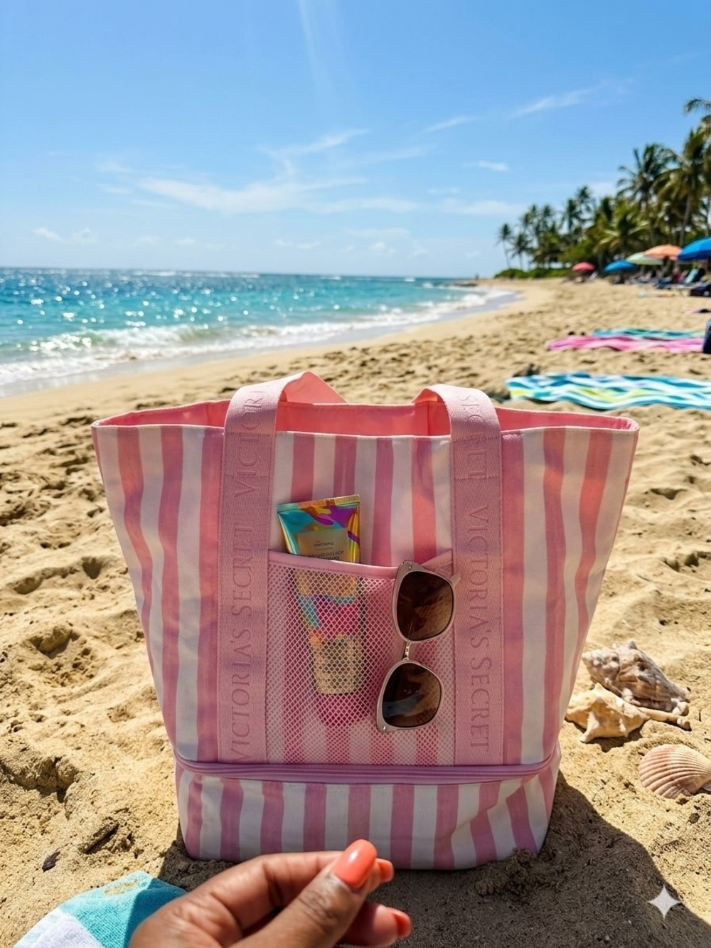 PINK Victoria's Secret Pink and White Striped Tote with Front Mesh Pocket